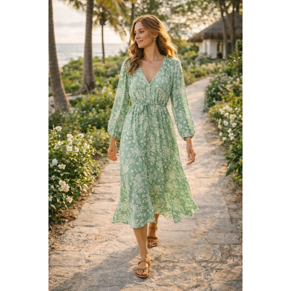 NWT Summersalt Floral Midi Dress‎ Cinched Waist V Neck Green White M